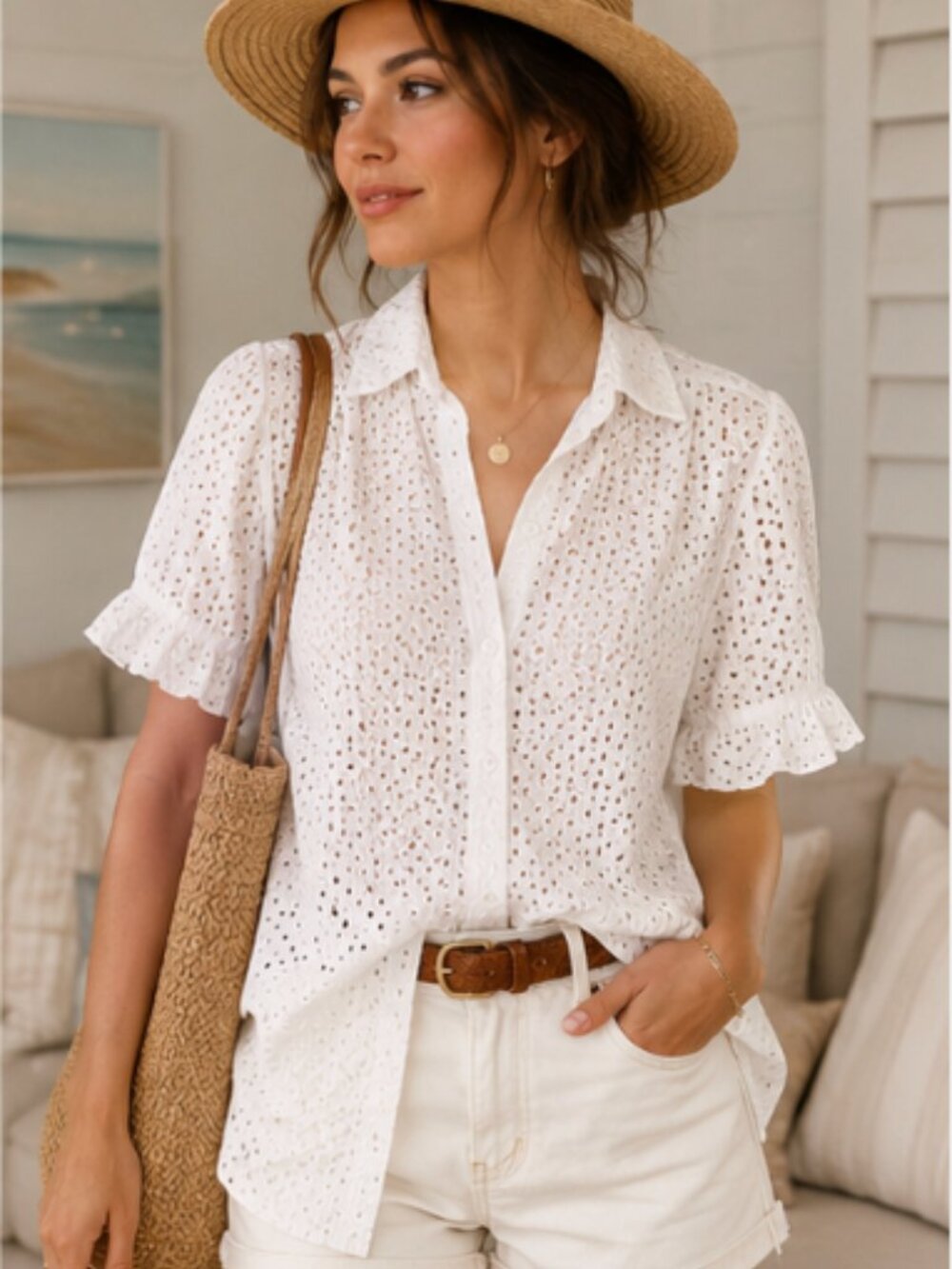 LANDS END Eyelet Blouse with Bell Half Sleeve